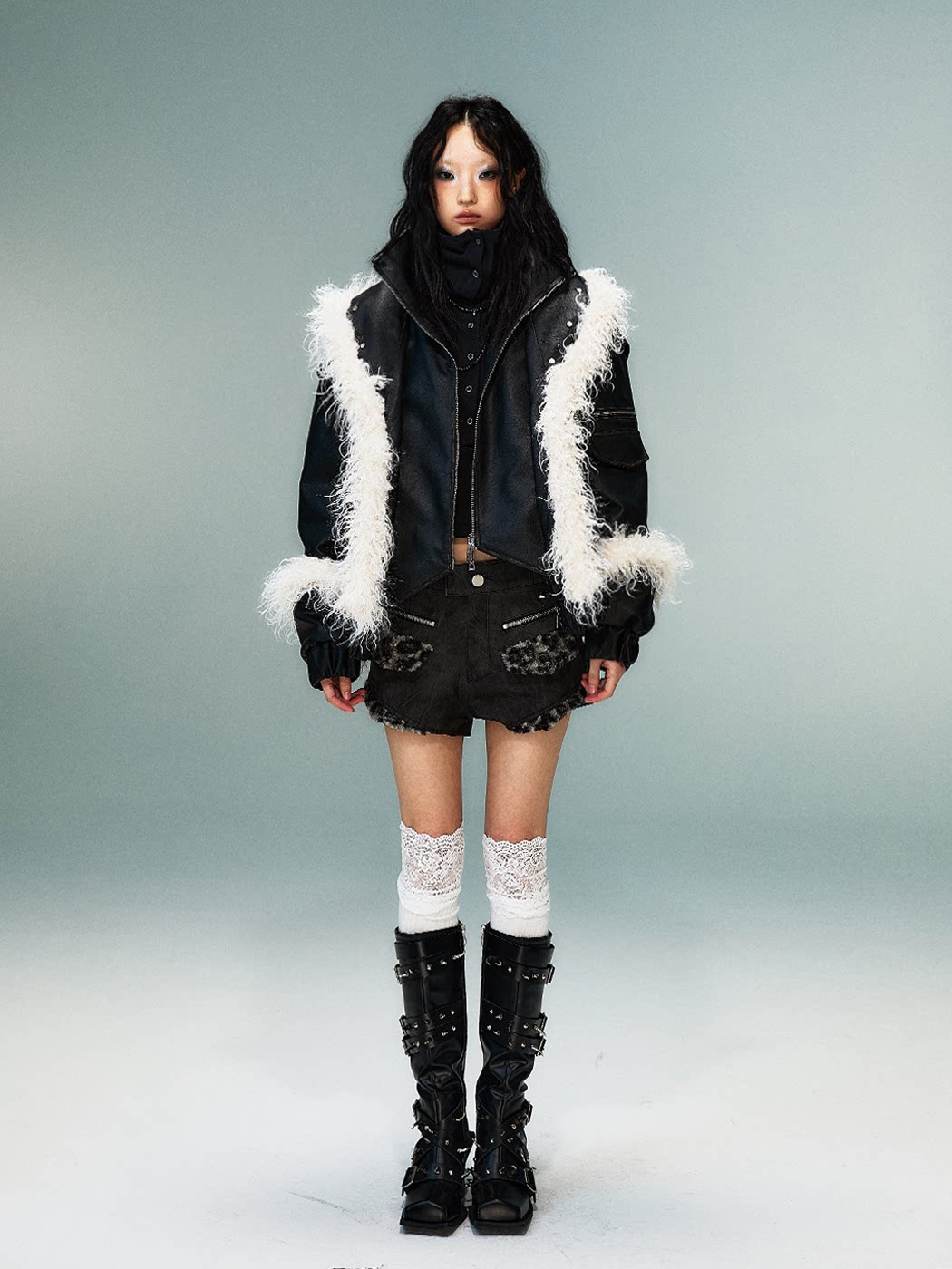 Fake Layered Washed Thickened PU Leather Padded Short Jacket