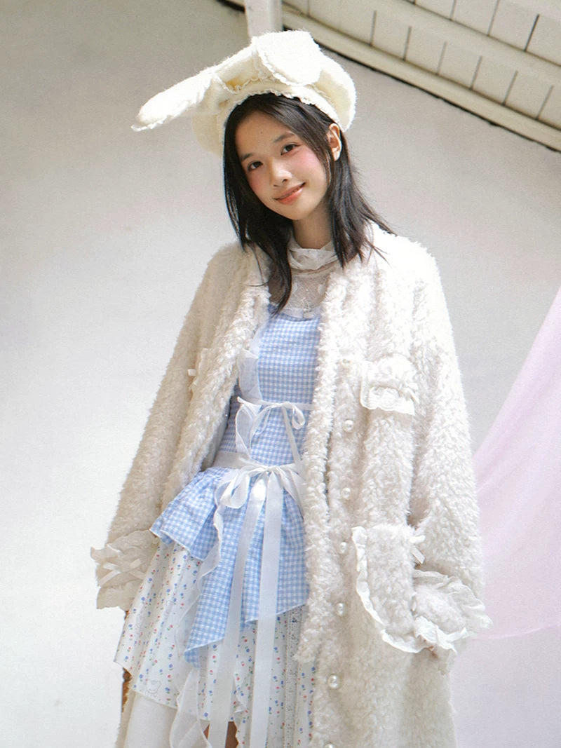 Plush Bow Ruffle Long Coat