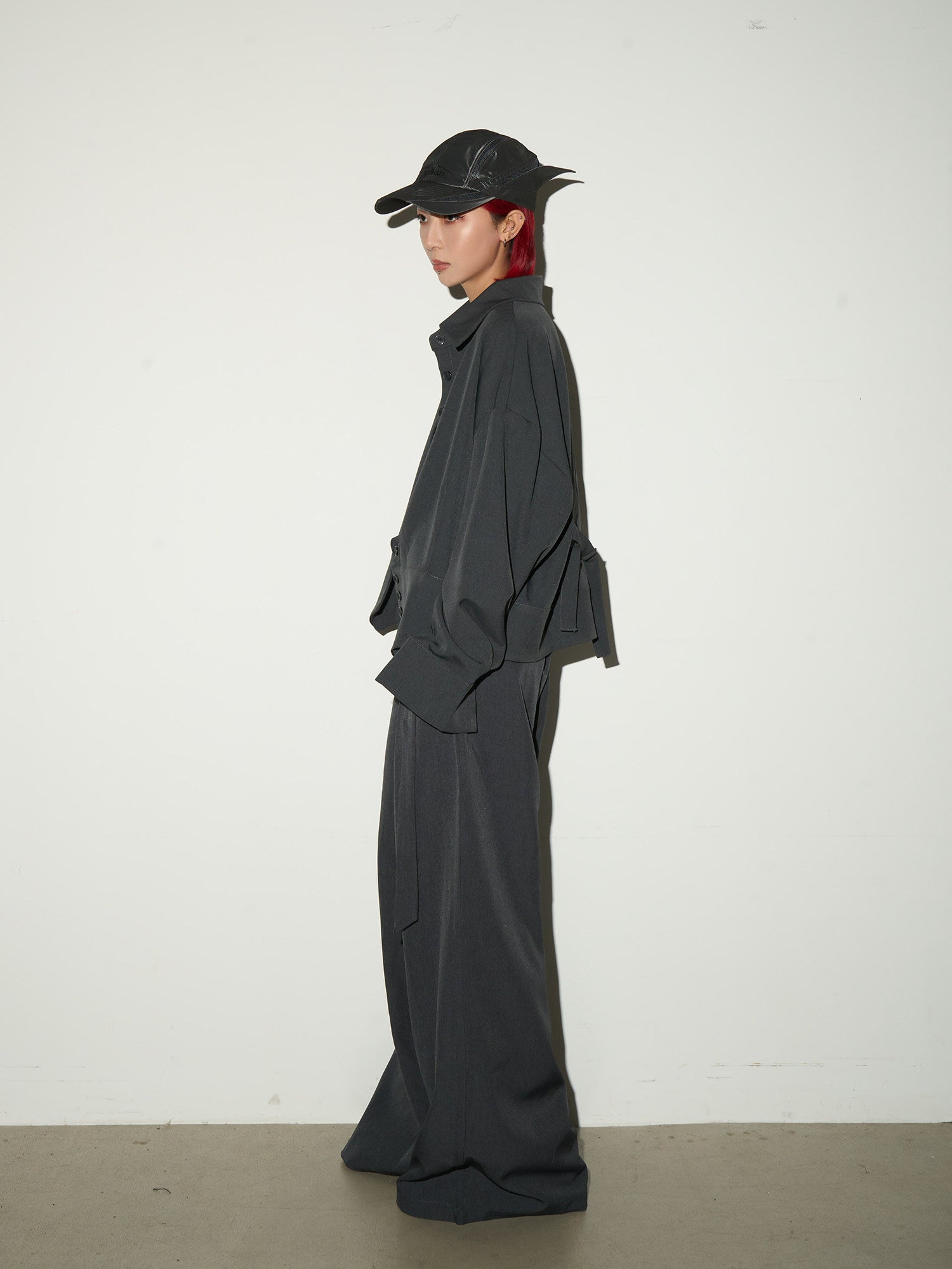 Button Front Long Sleeve Shirt & Pleats Wide Leg Trousers Setup