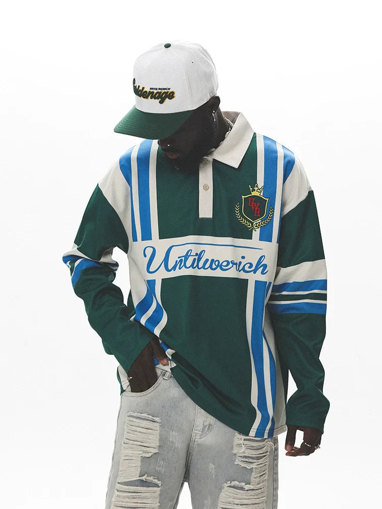Color Block Vertical Stripe Long Sleeve Polo Shirt