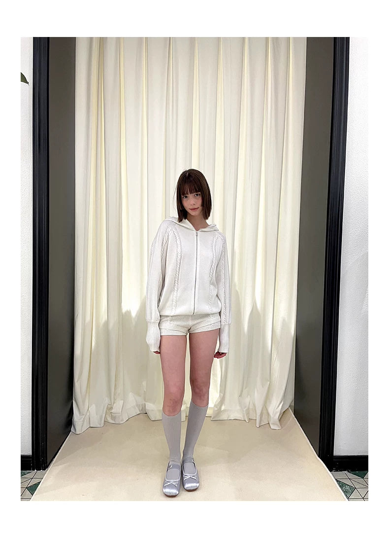 Zipper Knit Hoodie & Knit Shorts Setup