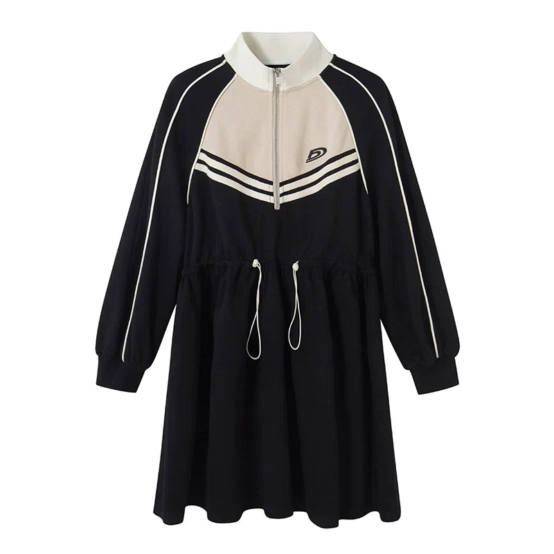 Embroidery Color Blocking Sporty Long Sleeve Jersey Dress