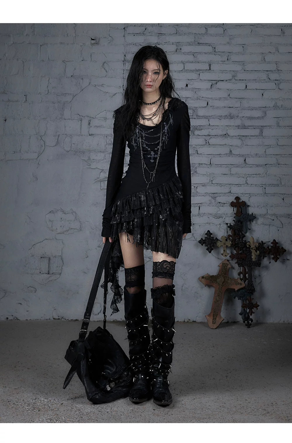 Lace Hooded Asymmetric Ruffle Dress