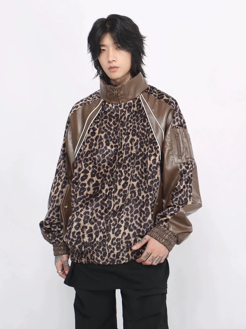 Stand Neck Leopard Print PU Leather Mix Jacket