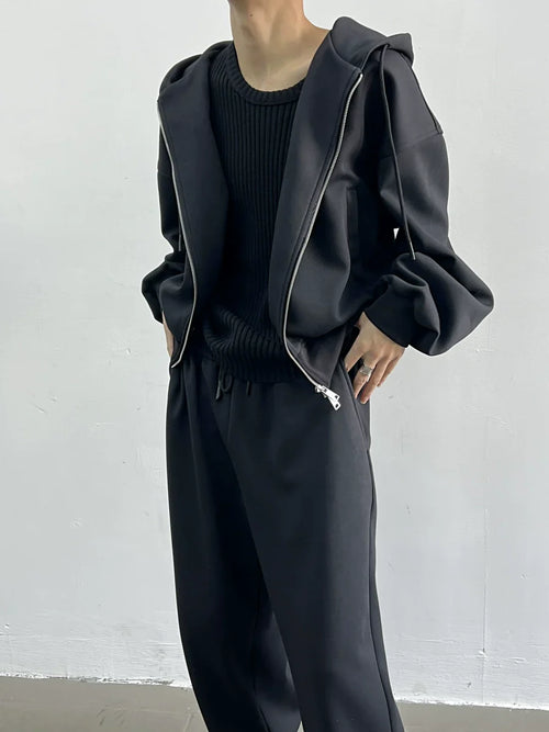 Oversize Short Zipper Hoodie & Wide-leg Straight Sweatpants Setup - black / S / top