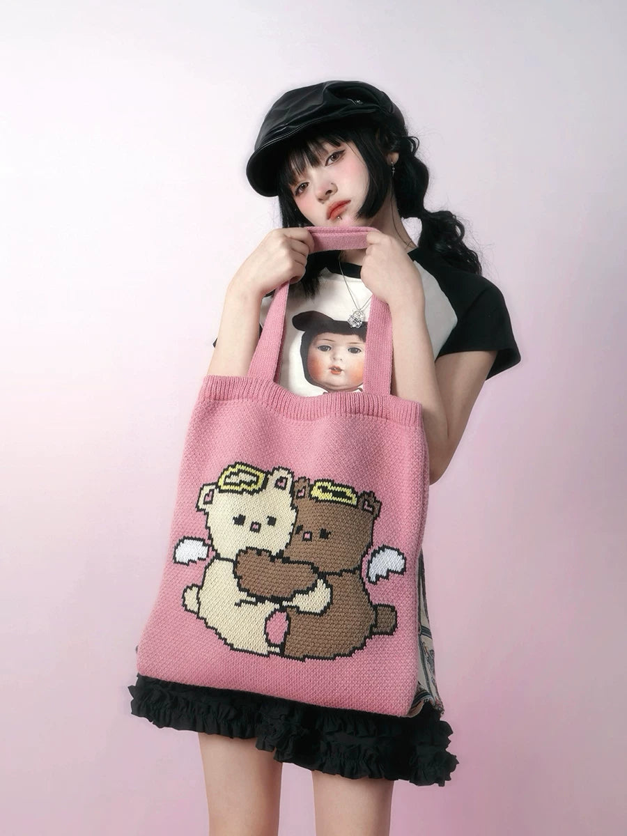 Angel Bear Jacquard Knit Tote Bag