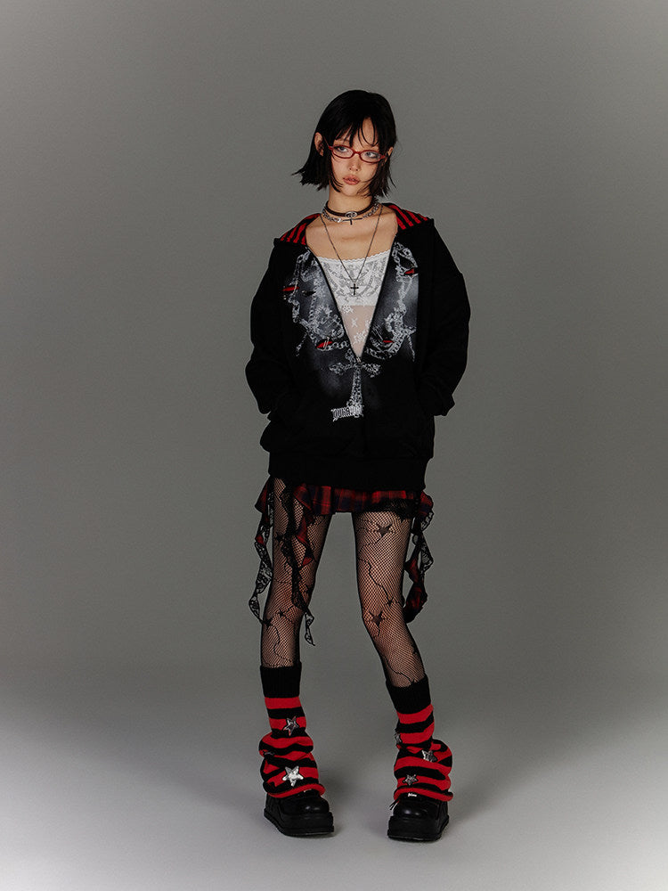 Fake Layered Zipper Stripe Oversize Pullover Hoodie