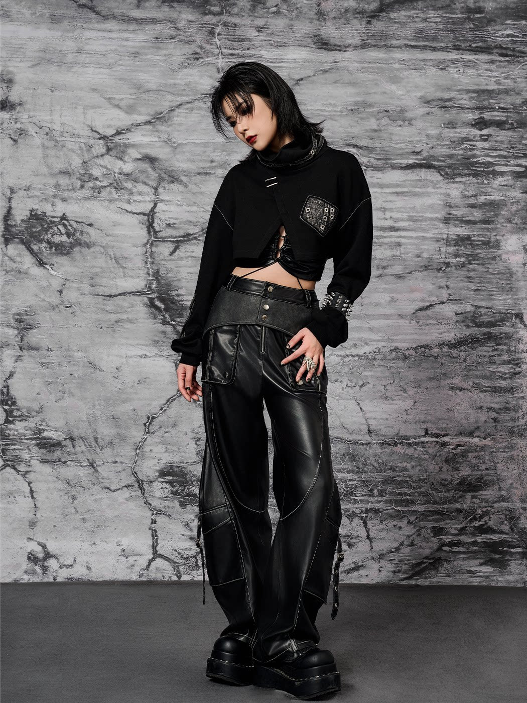 Metal-Embellished Straight-Leg PU Leather Cargo Pants