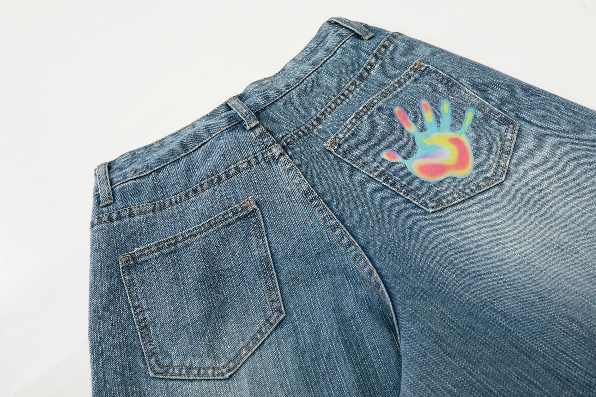 Star Heart Print Curved Wide Leg Denim Jeans