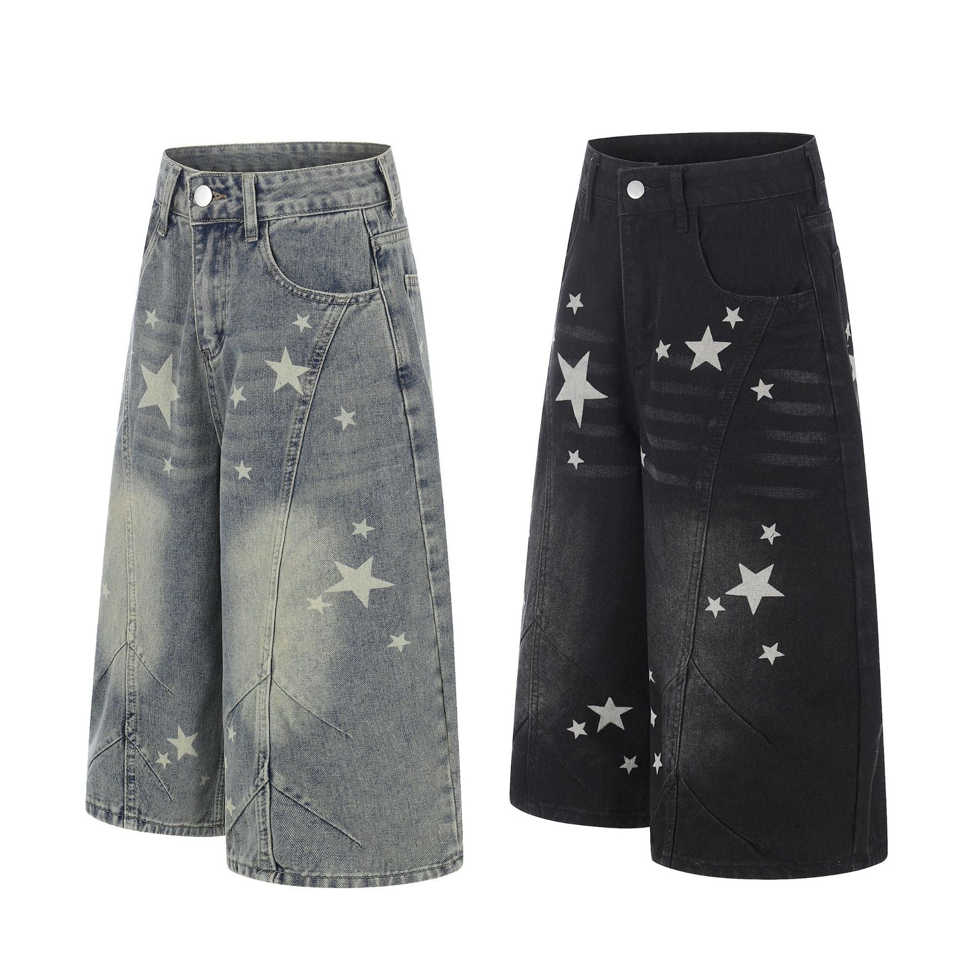 Curved Star Wide Leg Denim Short Pants