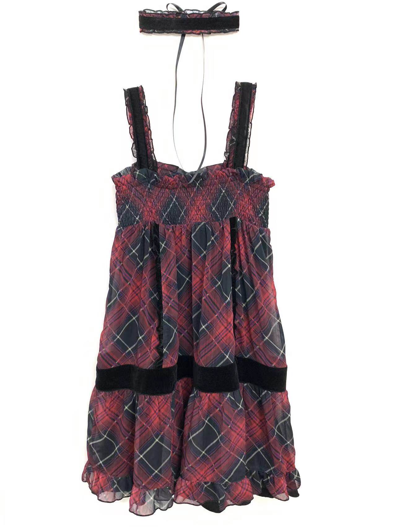 Plaid Lace Strap Tiered Sleeveless Dress