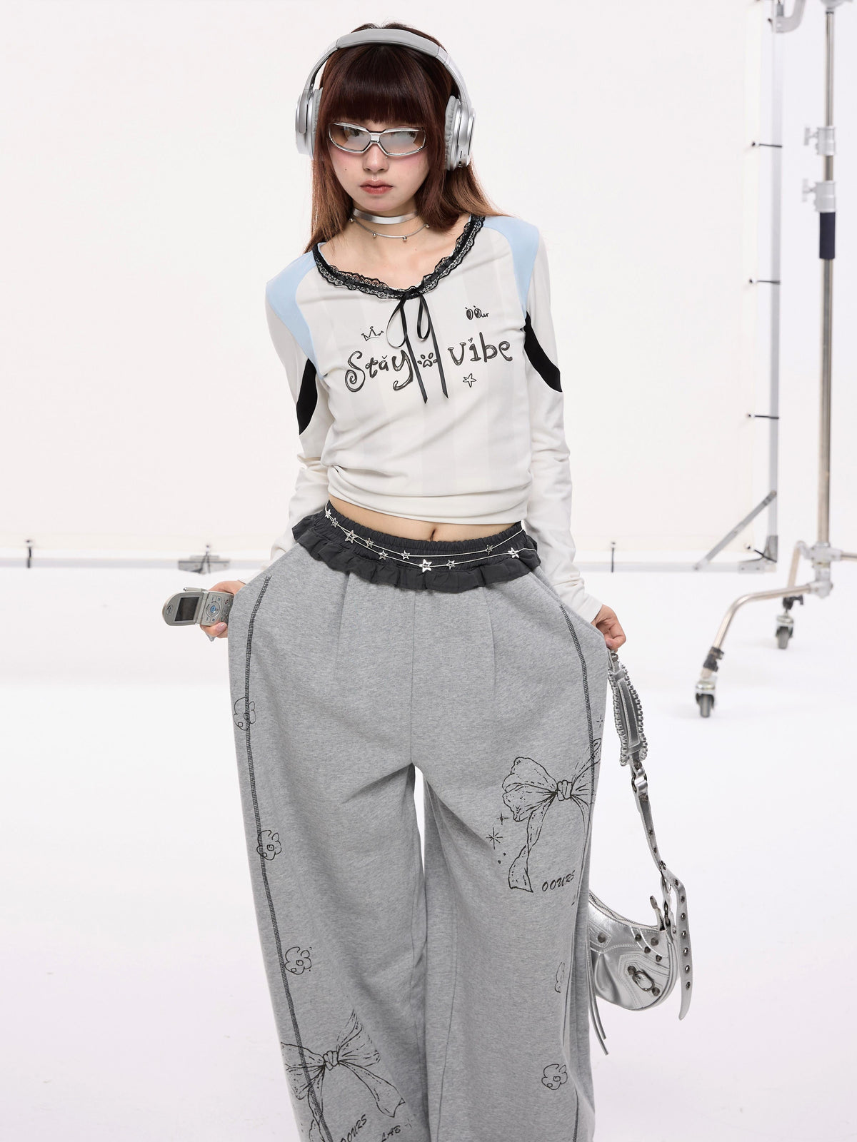 Bow Print Contrast Lace Trim Wide-Leg Sweatpants