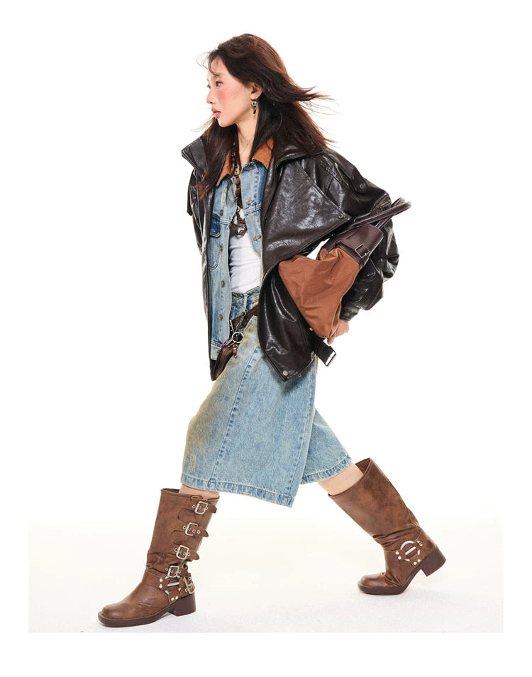 Asymmetrical Stand Collar PU Leather Jacket