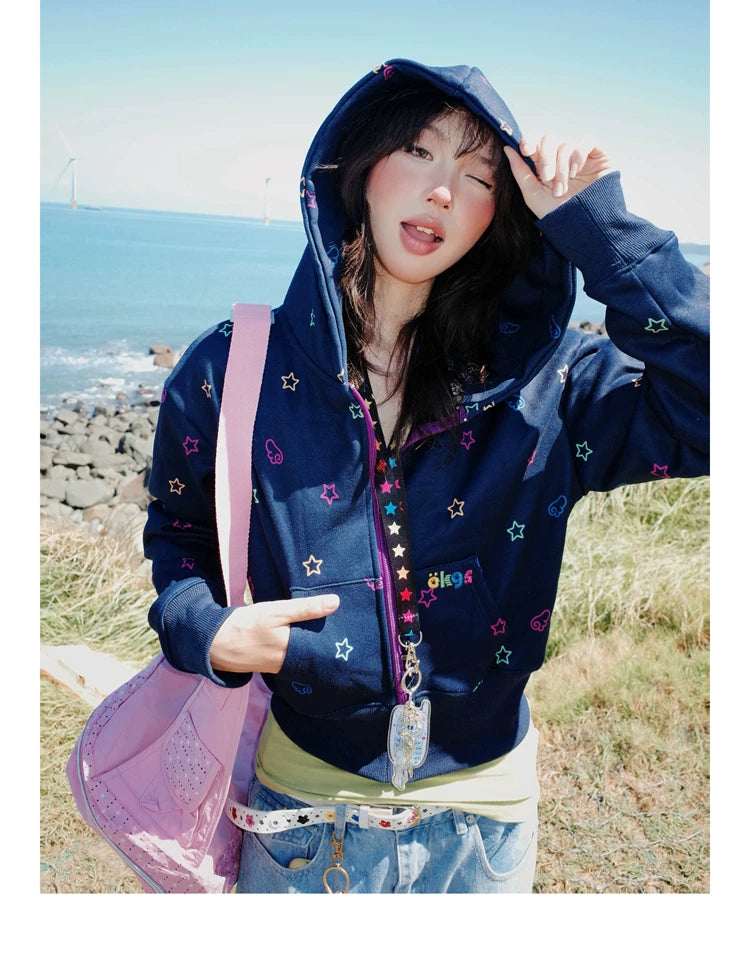 Star Print Fleece Zipper Hoodie