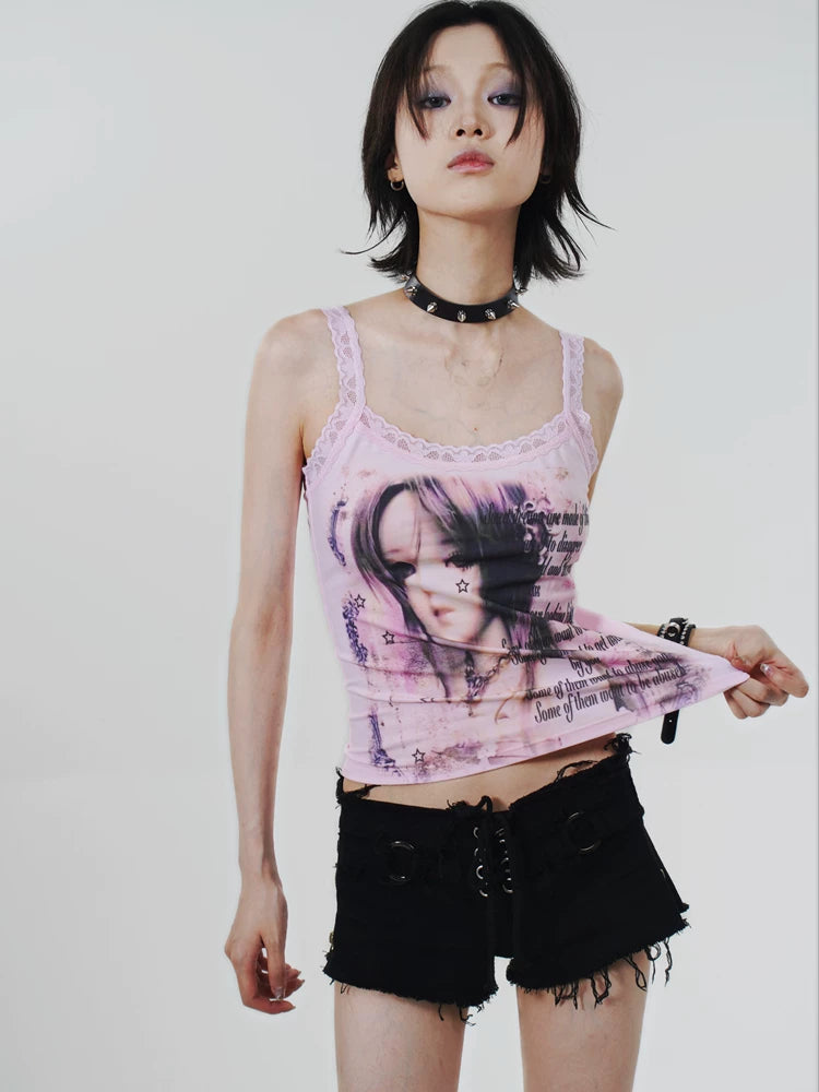 Graffiti Design Lace Tank Top