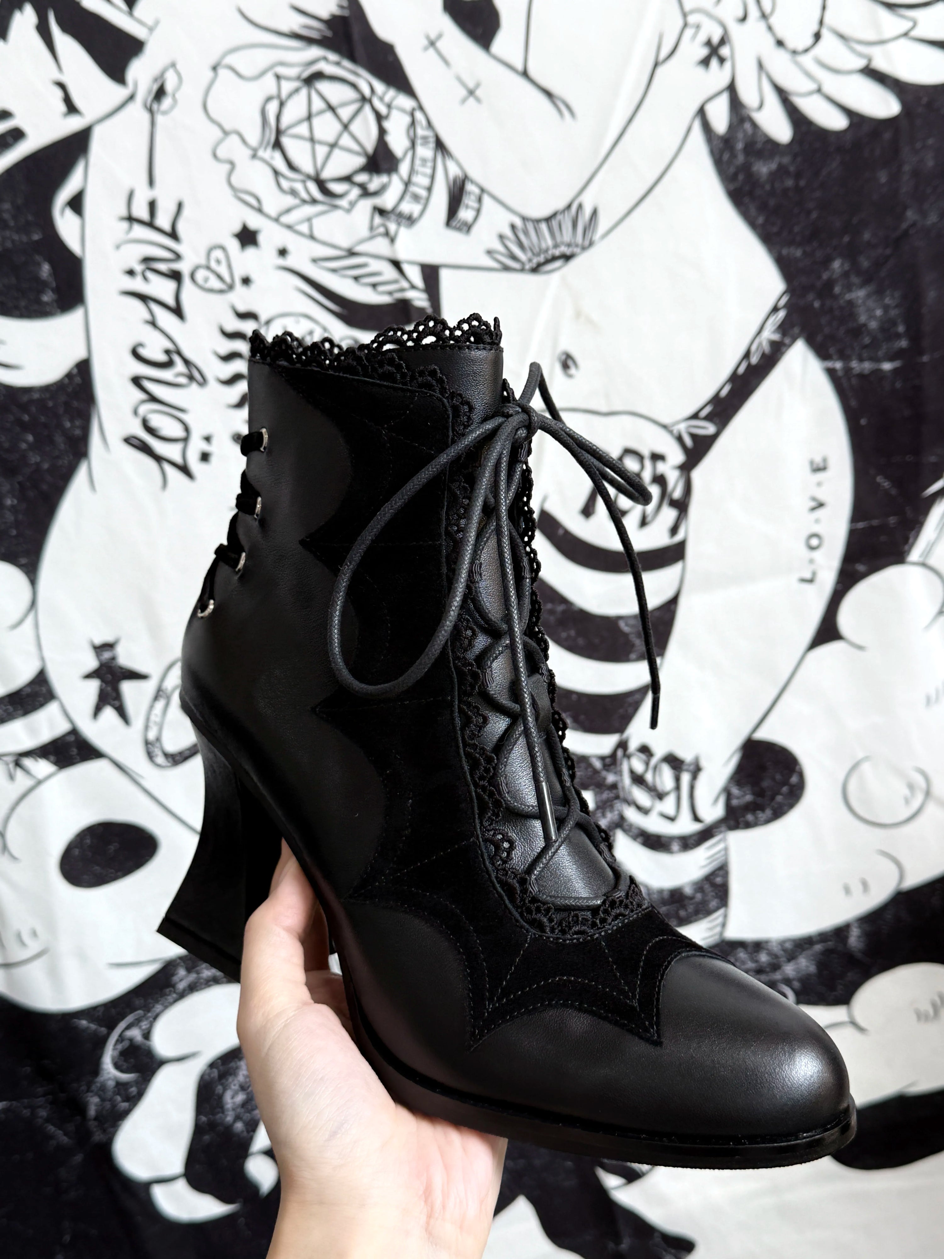 Lace Bow Purple Spider Web Ankle Boots
