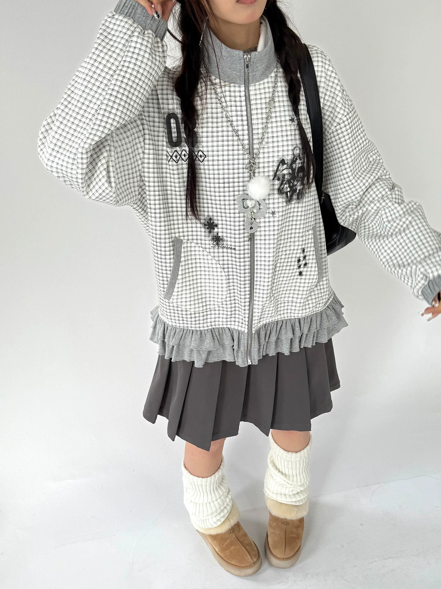 Checkered Ruffle Hem Oversize Zipper Hoodie