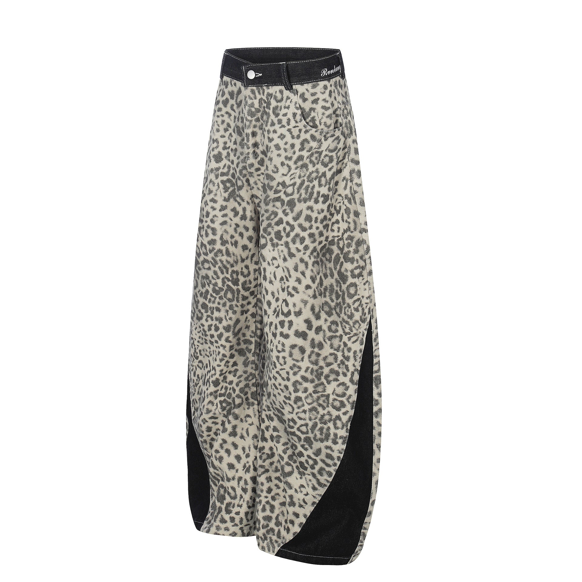 Leopard Print Curved Wide Leg Denim Jeans