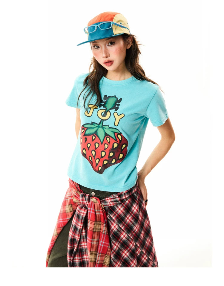 Strawberry Print Cropped Short Sleeve T-Shirt