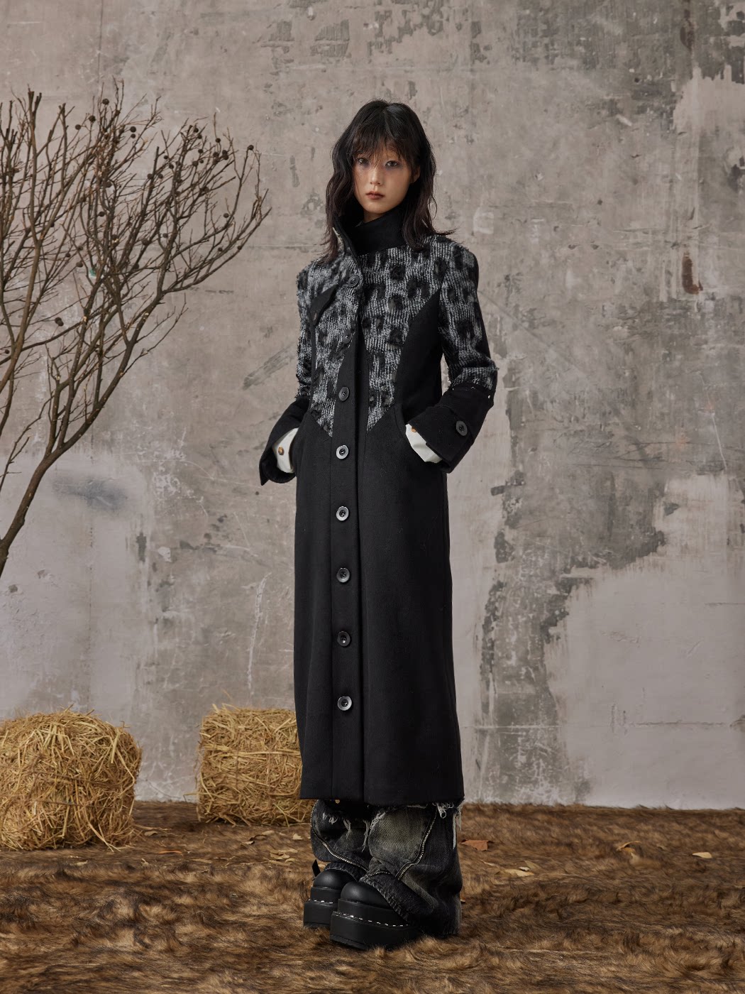 High-Neck Studs Patchwork Wool Coat