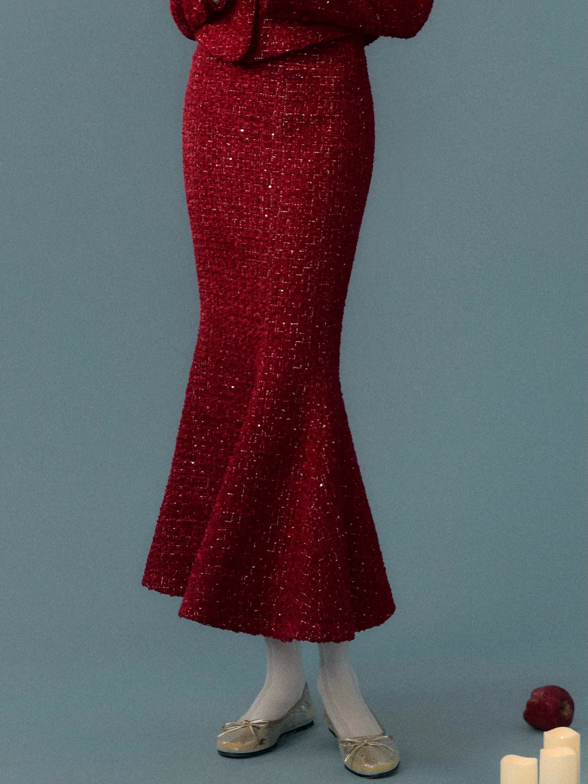 Short Tweed Jacket & Tweed Short Skirt & Tweed Fishtail Long Skirt & Fur Scarf Setup