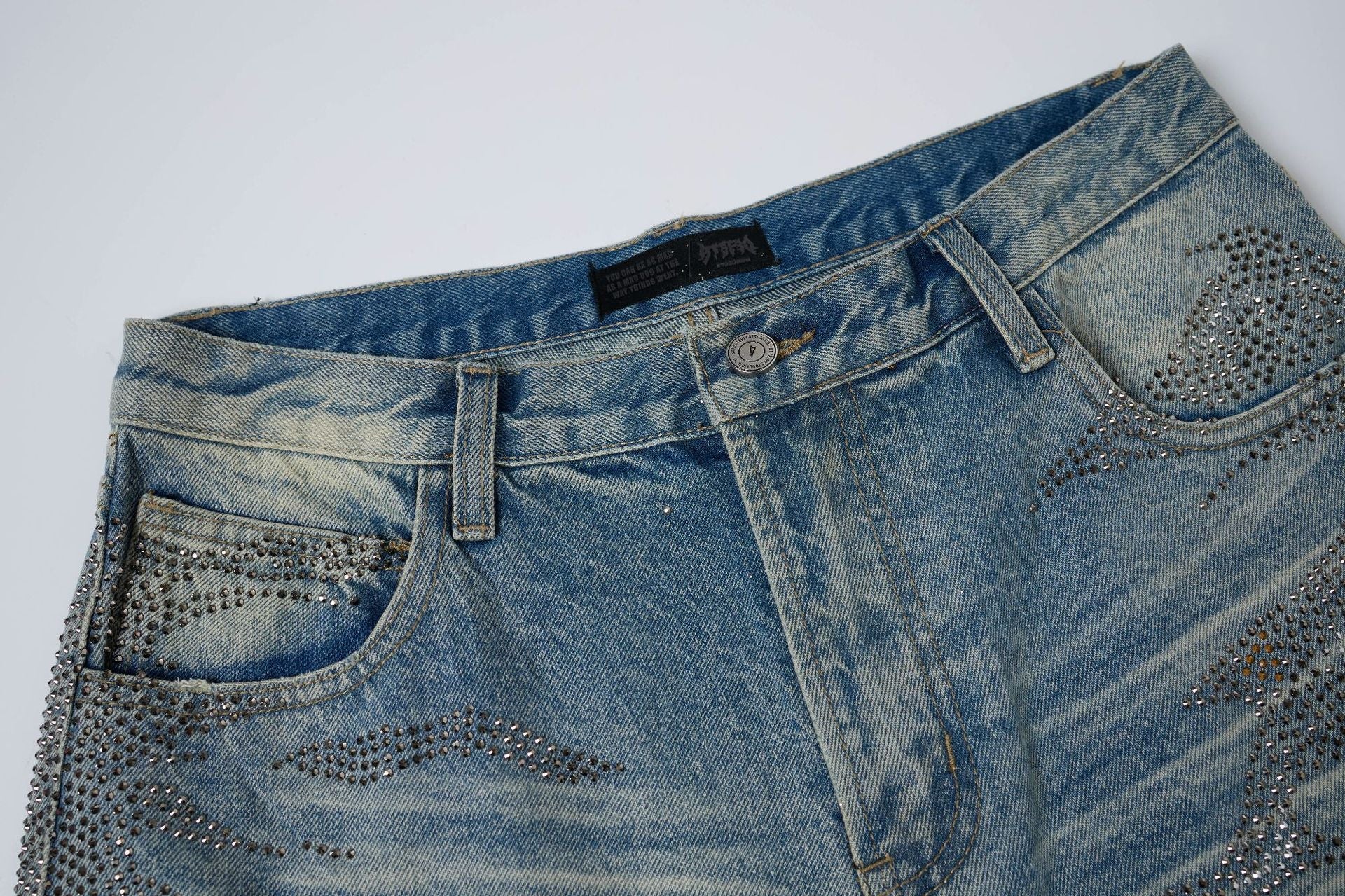 Rhinestone Camouflage Wash Denim Jort