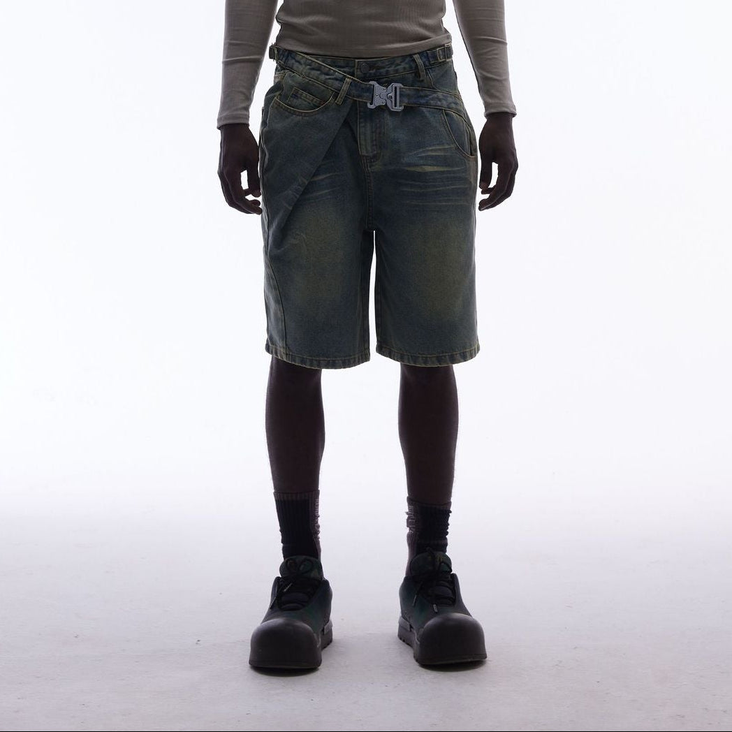 Washed Whisker Metal Buckle Denim Jort