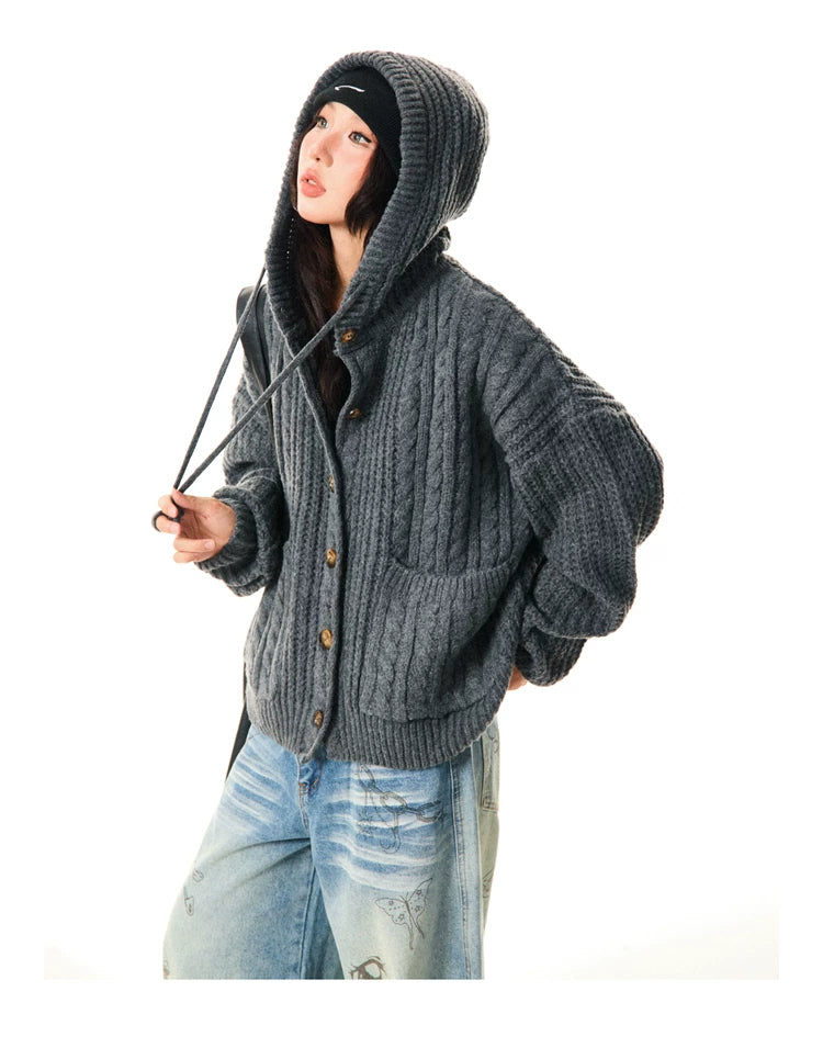 Hooded Button Oversize Cable Knit Cardigan