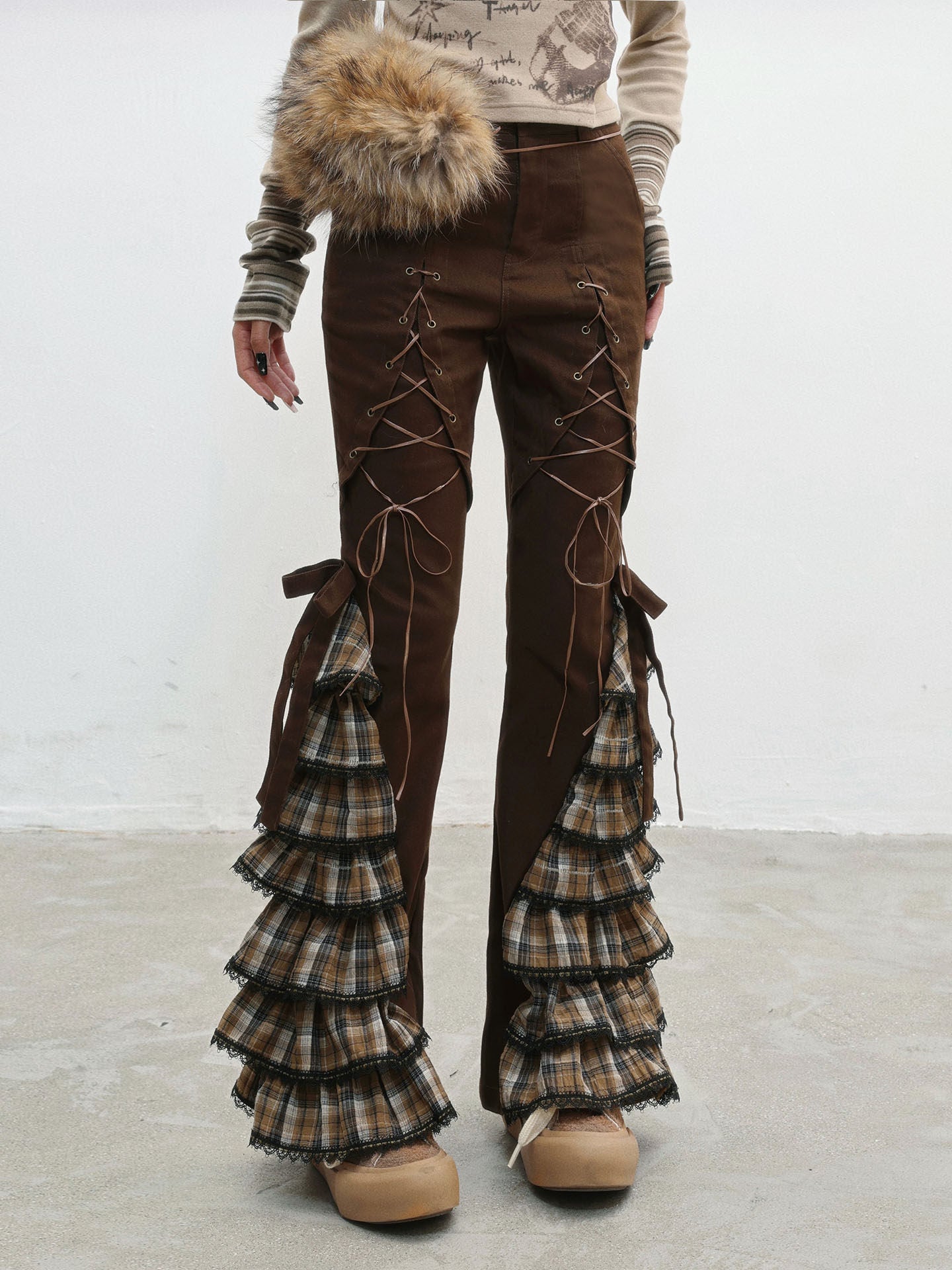 Plaid Lace-Up Ruffle Slimming Pants