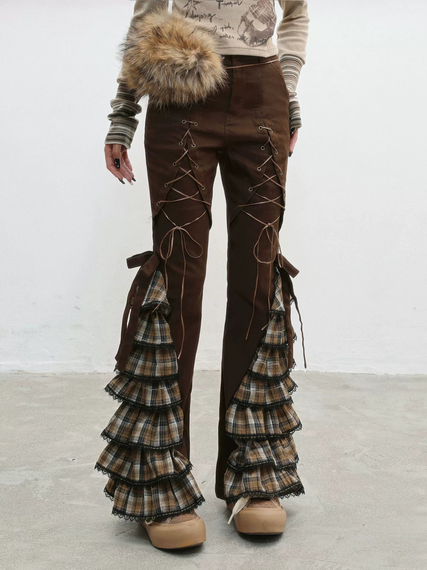 Plaid Lace-Up Ruffle Slimming Pants