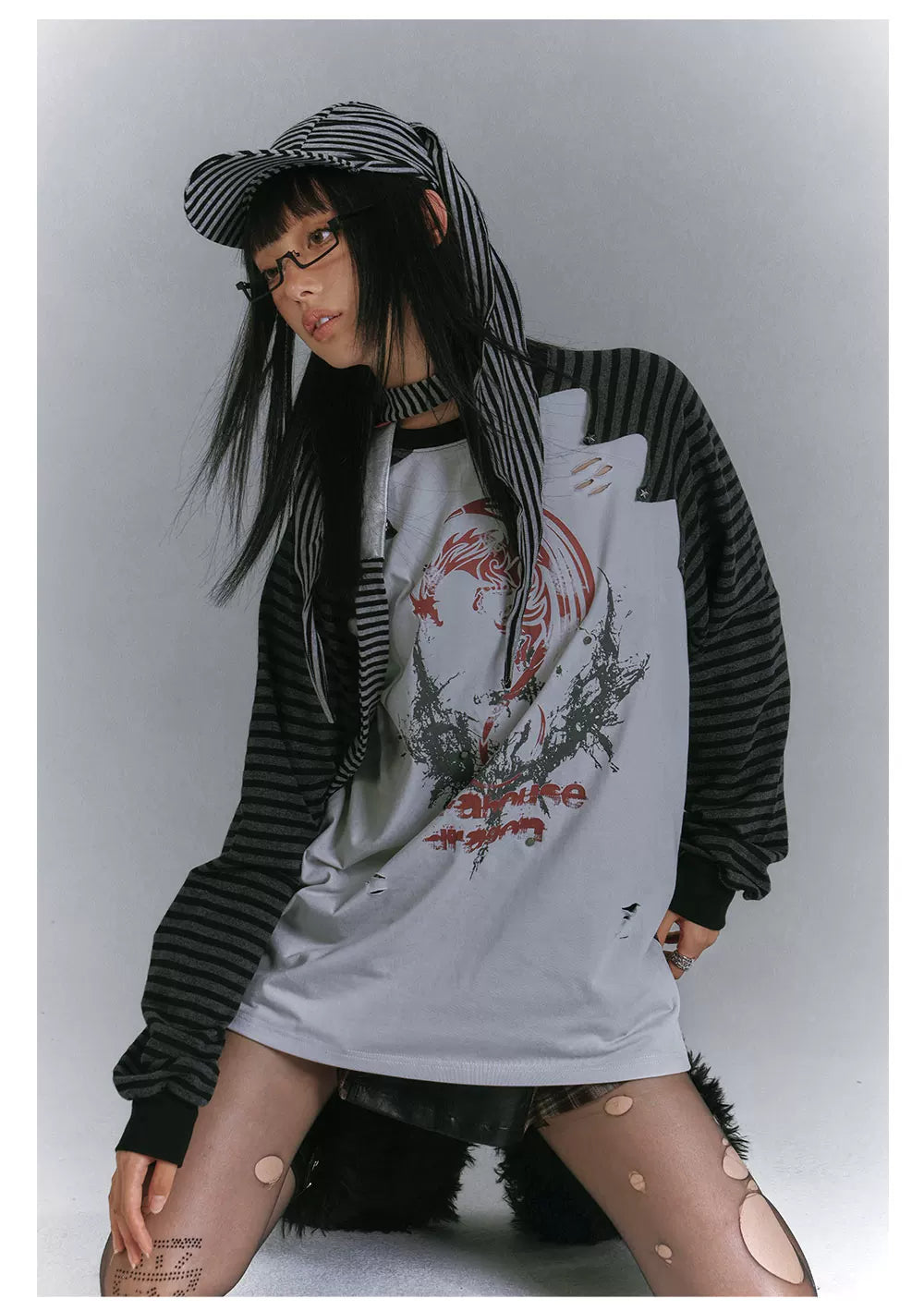 Raglan Stripe Damage Patchwork Long Sleeve T-Shirt