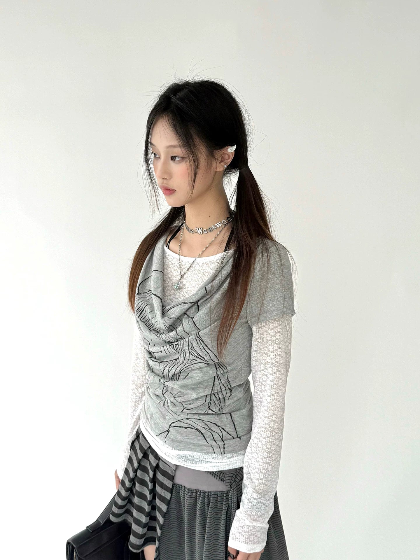 Fake Layered Draped Print Long Sleeve T-Shirt