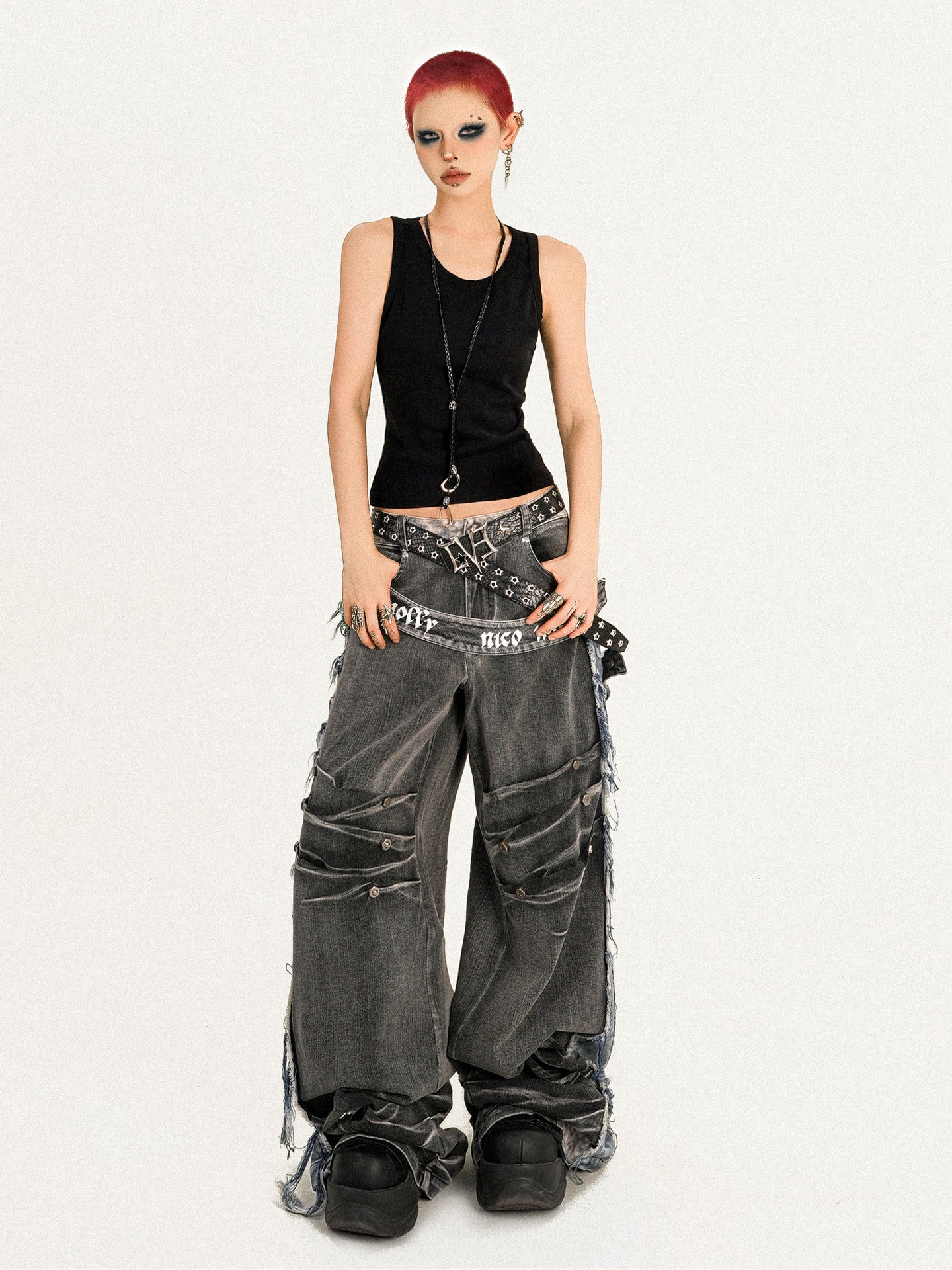 Damage Wash Raw Hem Wide Leg Denim Jeans