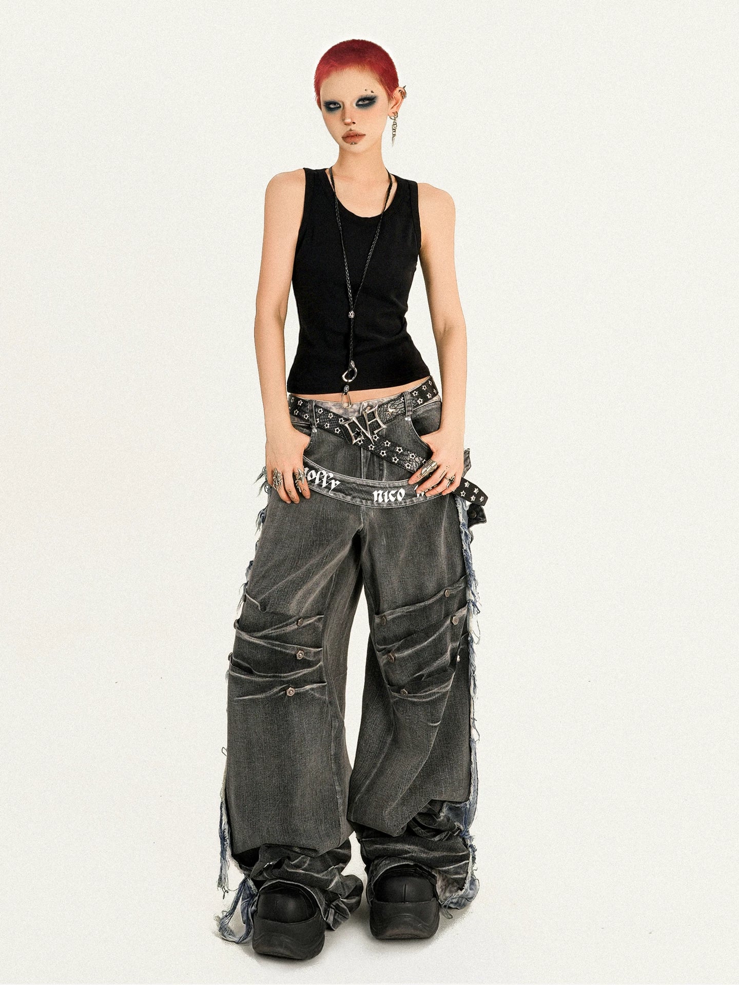 Damage Wash Raw Hem Wide Leg Denim Jeans