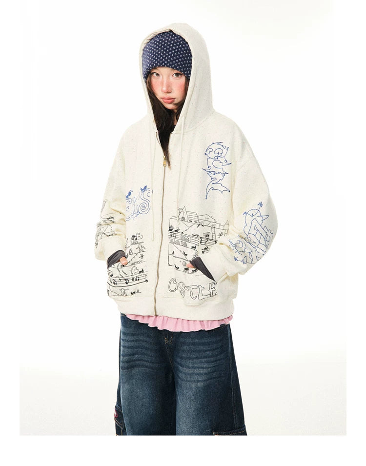 Graphic Print Oversize Zipper Hoodie