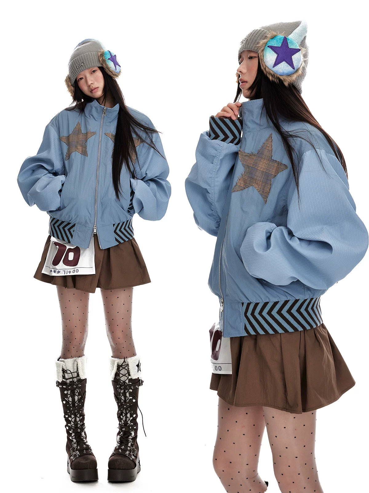 Stand Neck Double Zipper Oversize Jacket