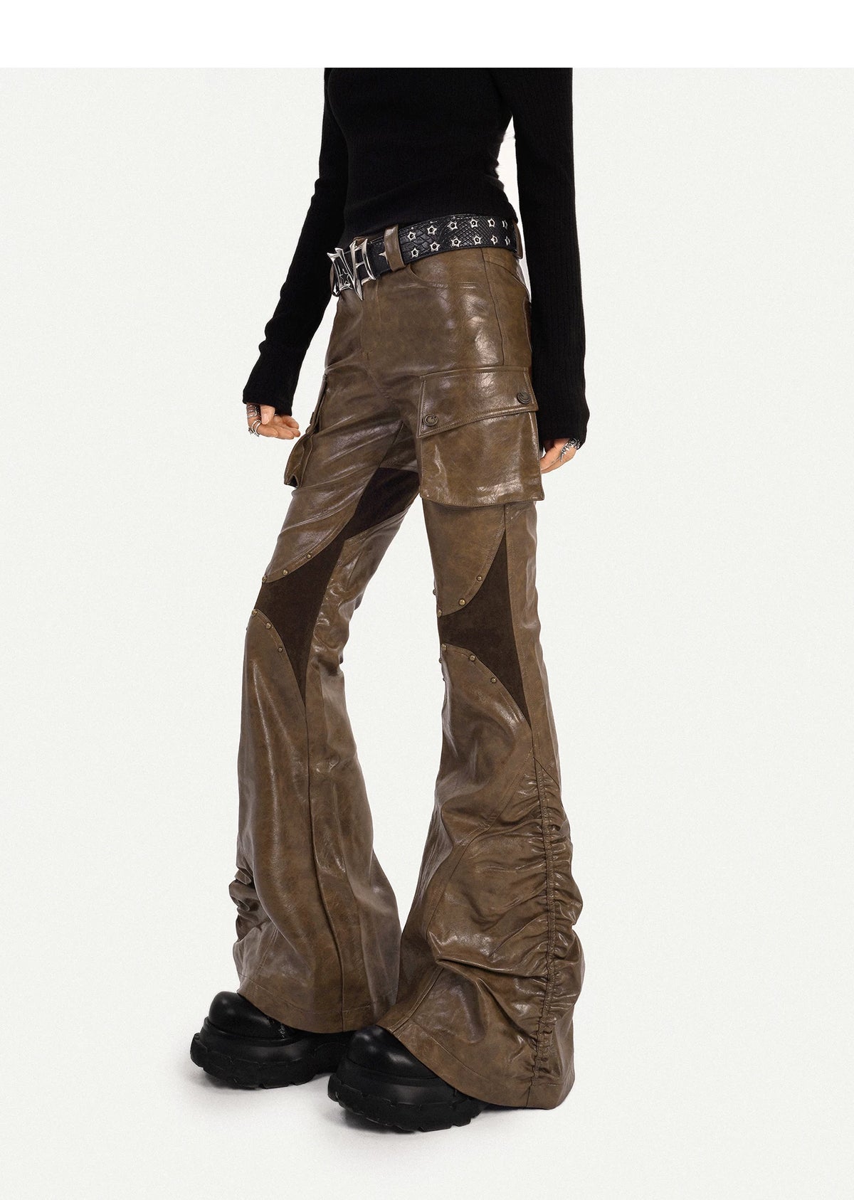PU Leather Patchwork Fitted Flare Pants
