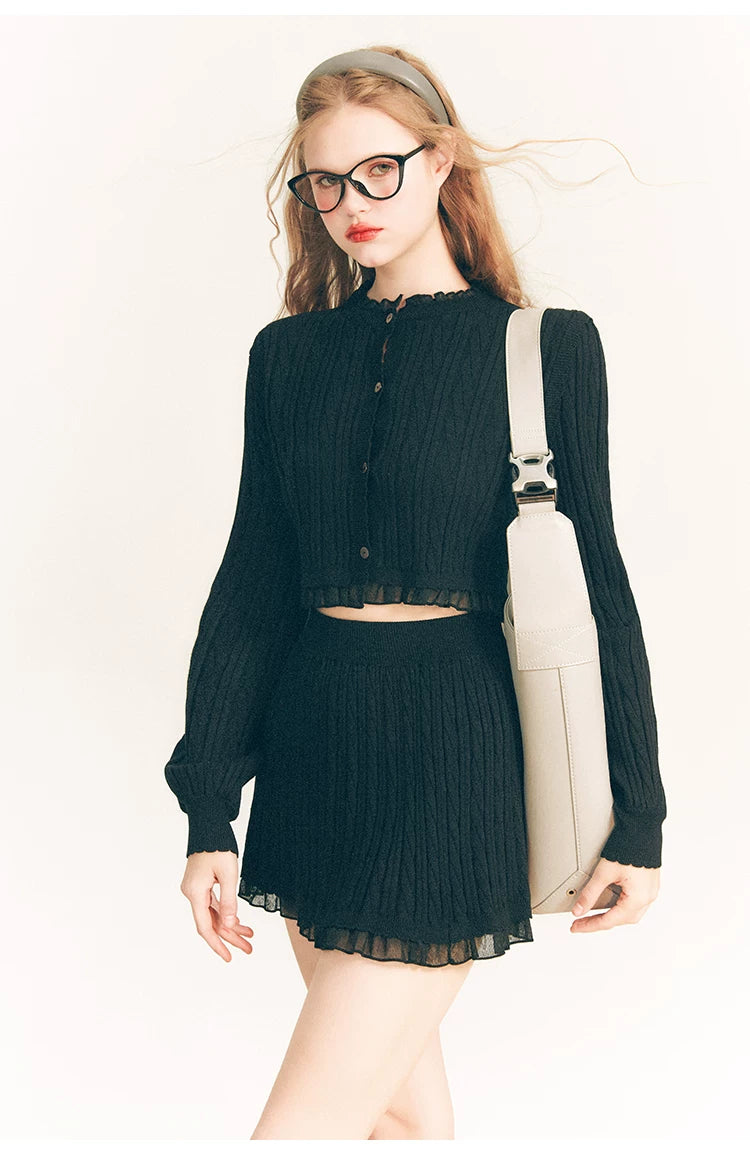 Tulip Button Knit Cardigan & Knit Short Skirt Setup