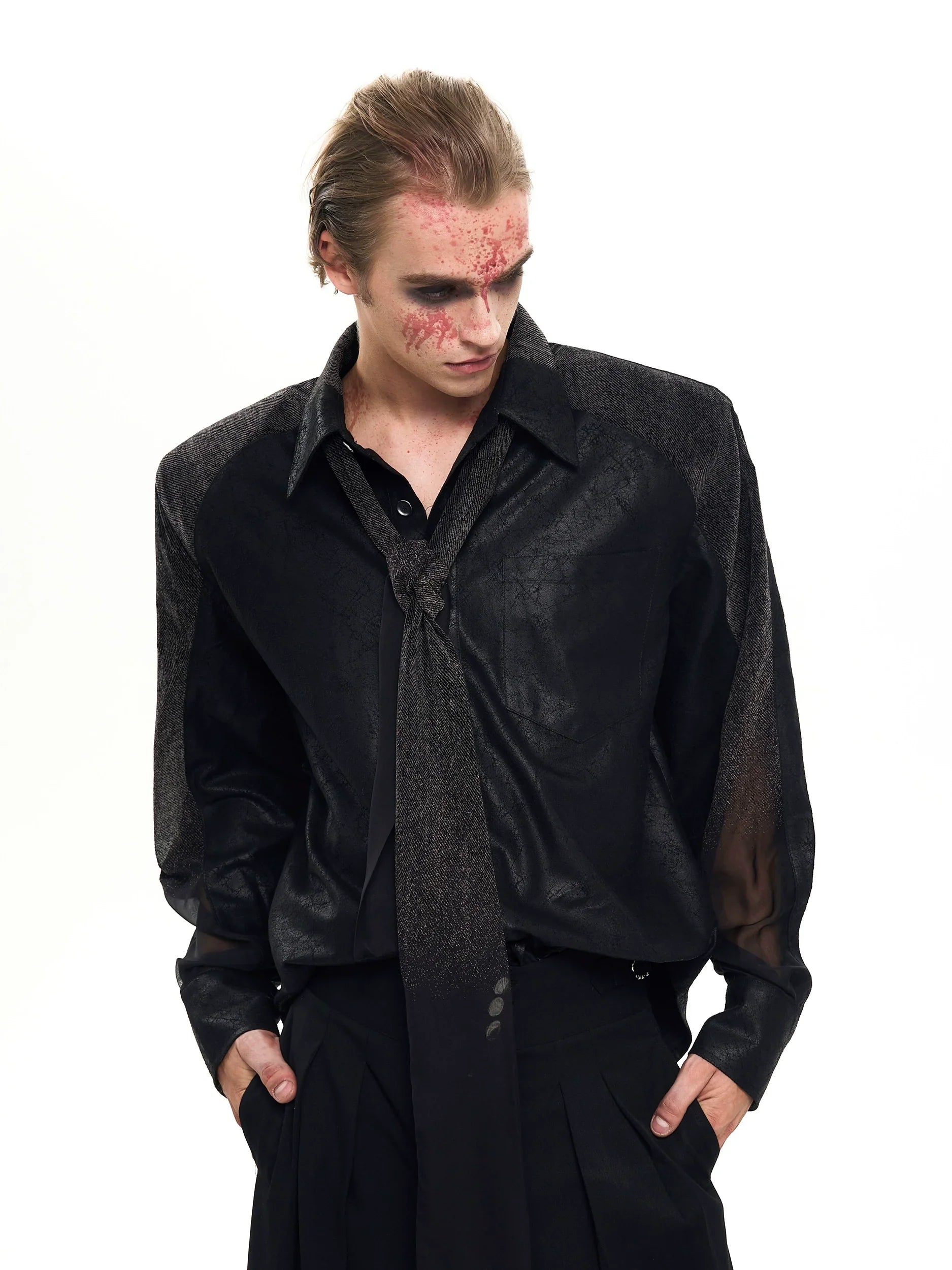 With Black Tie, Mesh Shoulder-Pad Long Sleeve Shirt