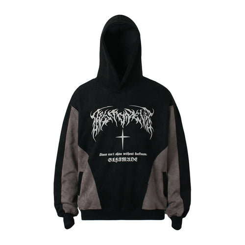 Sudadera con capucha patchwork de ante con estampado de letras de espuma - Negro / M