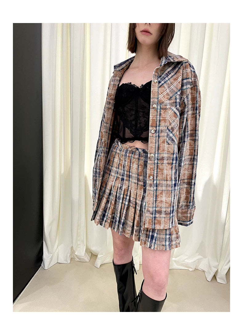 Checkered Washed Oversize Long Sleeve Shirt & Pleated Short Skirt Setup