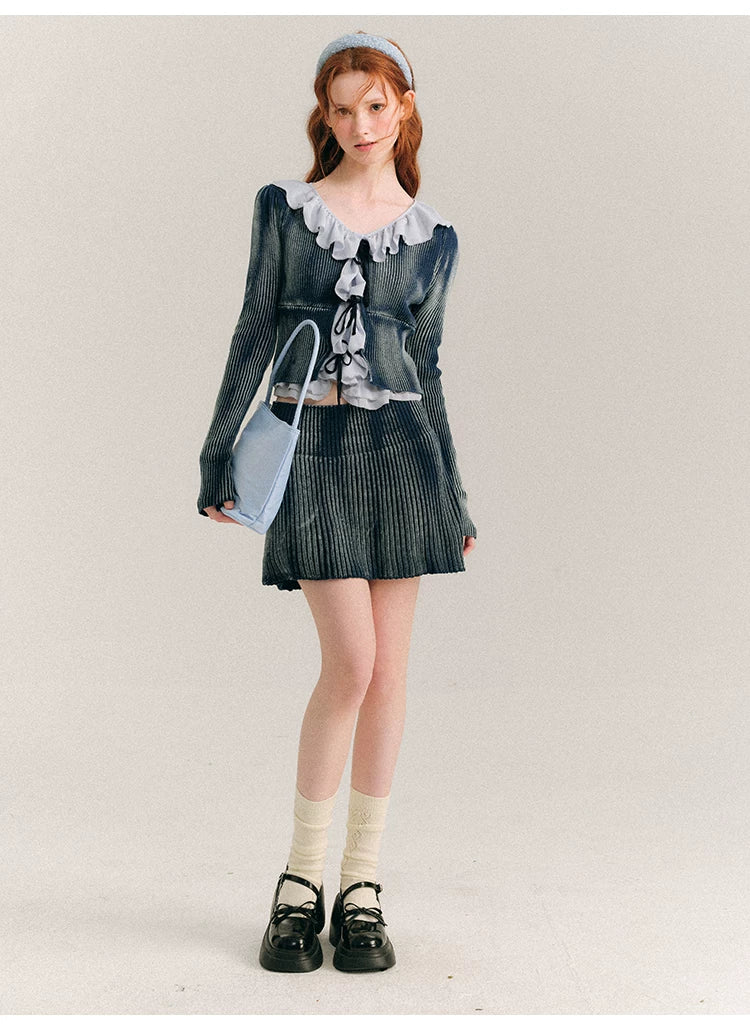 Frill Knit Cardigan & Short Rib Knit Skirt Setup
