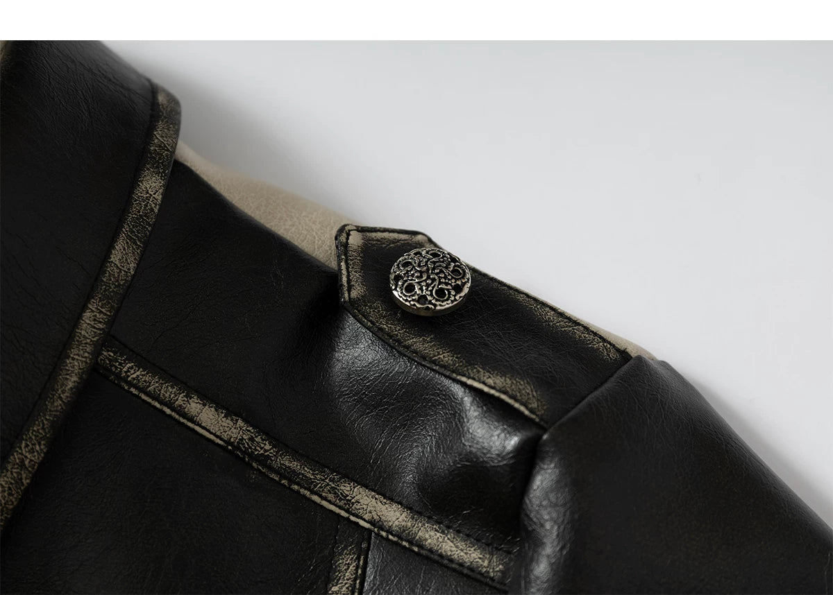 Standing-Collar Belt Detail Fake Fur Cuff PU Leather Jacket