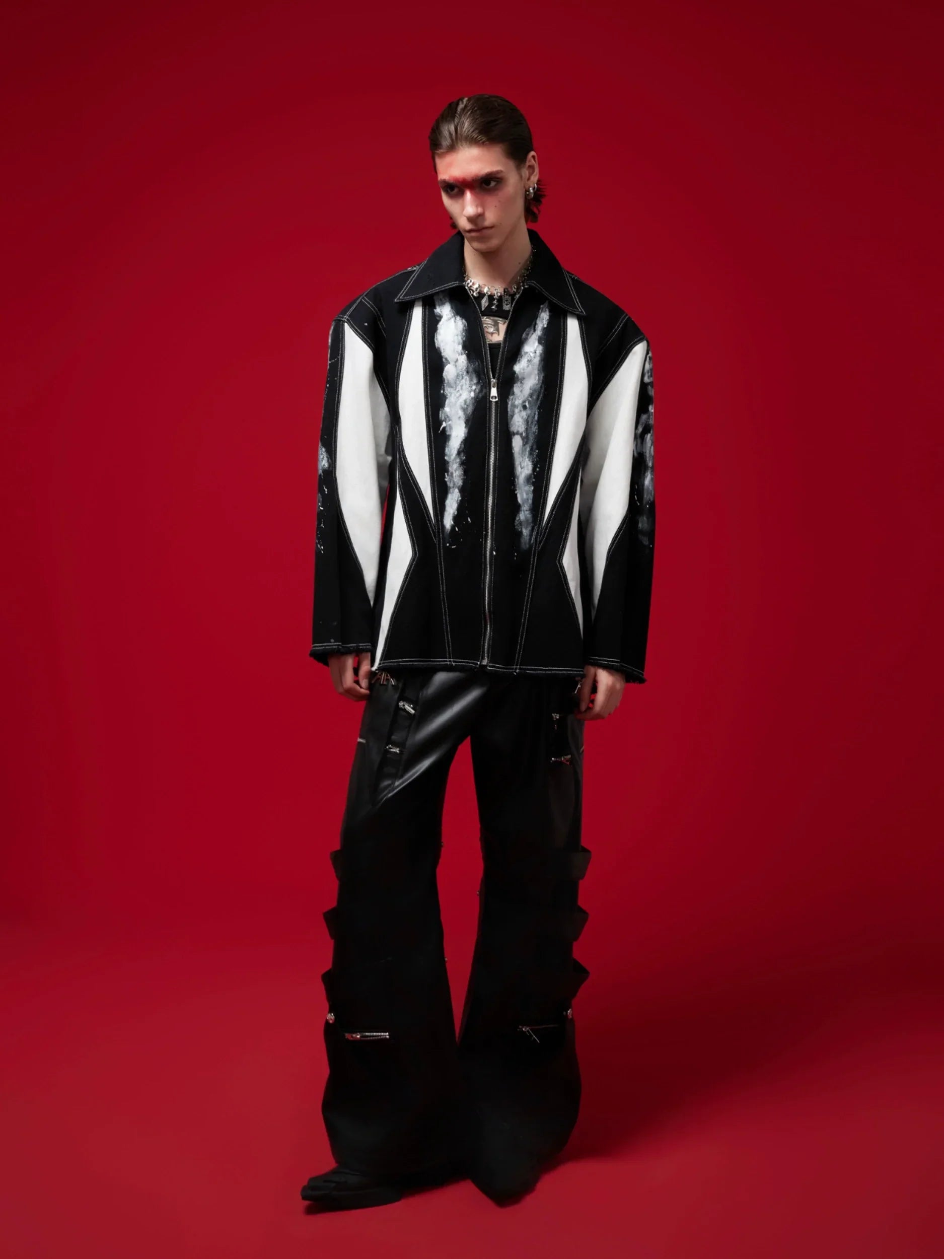Contrasting Ink Dye Shoulder Pad Patchwork Zipper Jacket