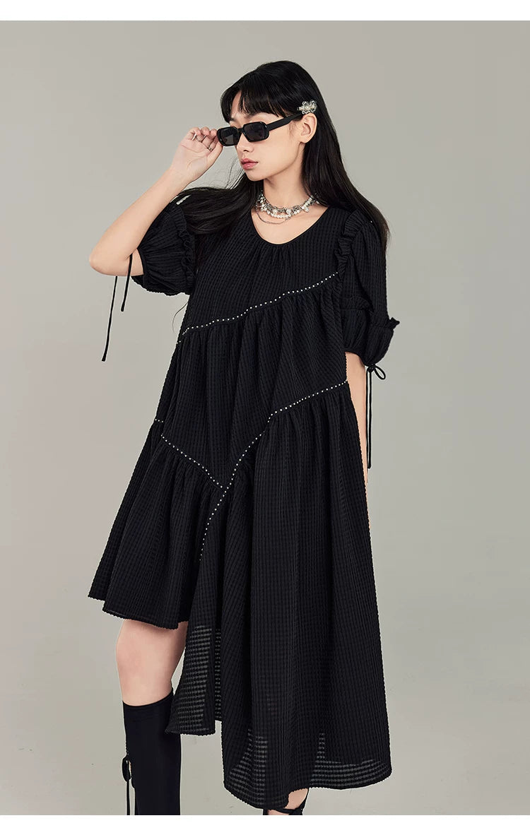 Jacquard Design Short Sleeve Dress With Irregular Hem Length
