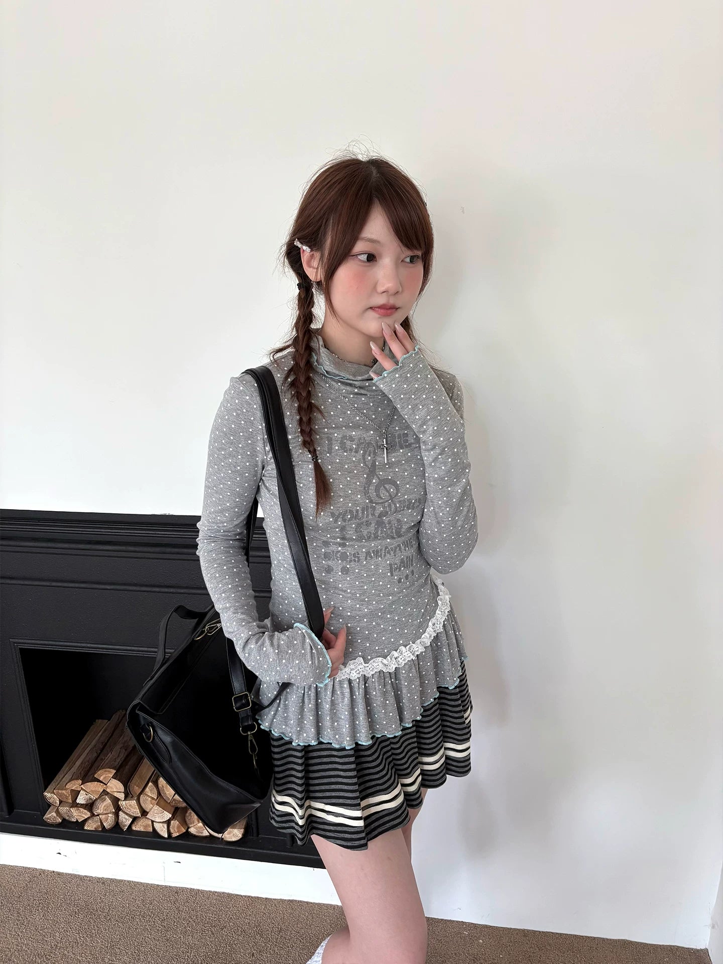 Polka Dot Lace High-Neck Long Sleeve T-Shirt