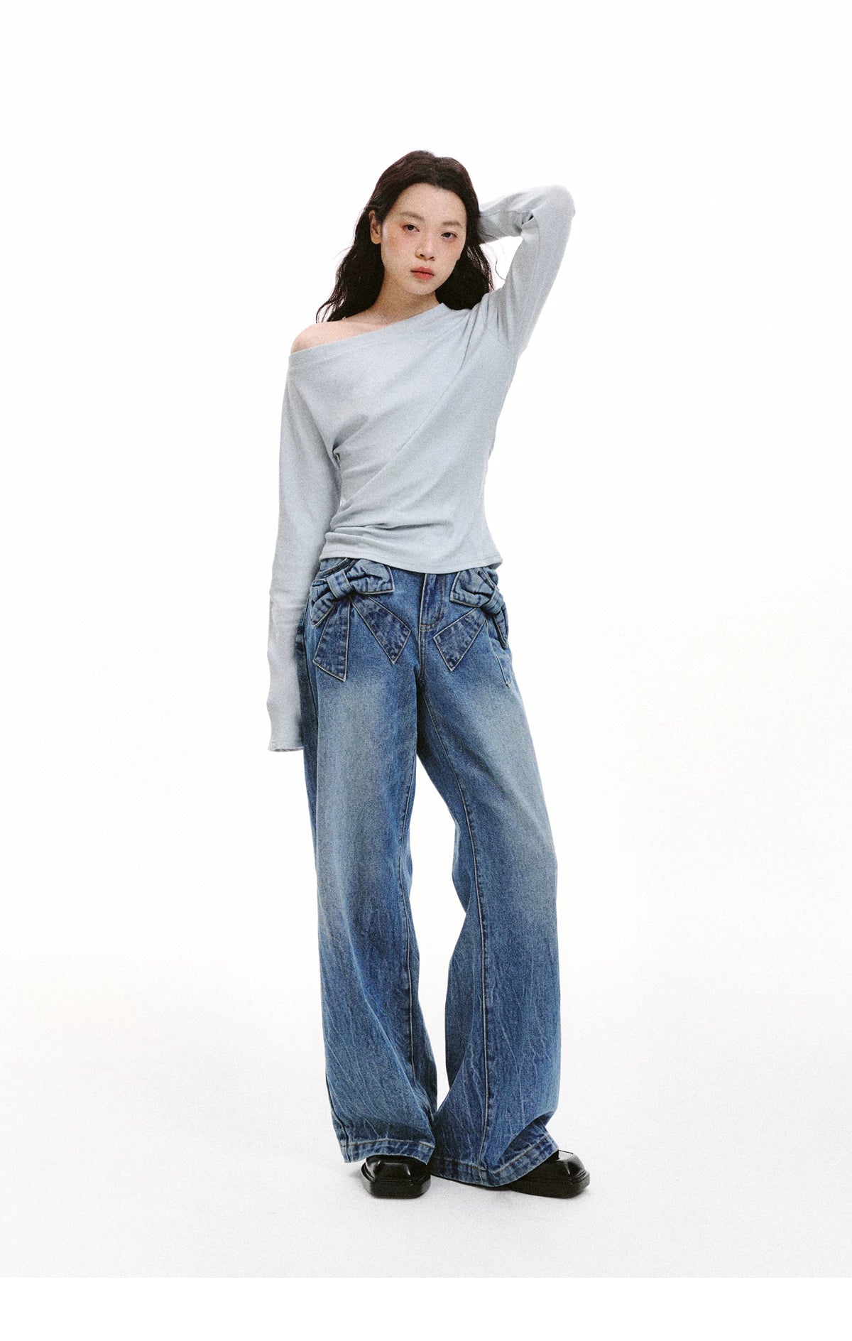 Bow Detail Wide-Leg Denim Jeans