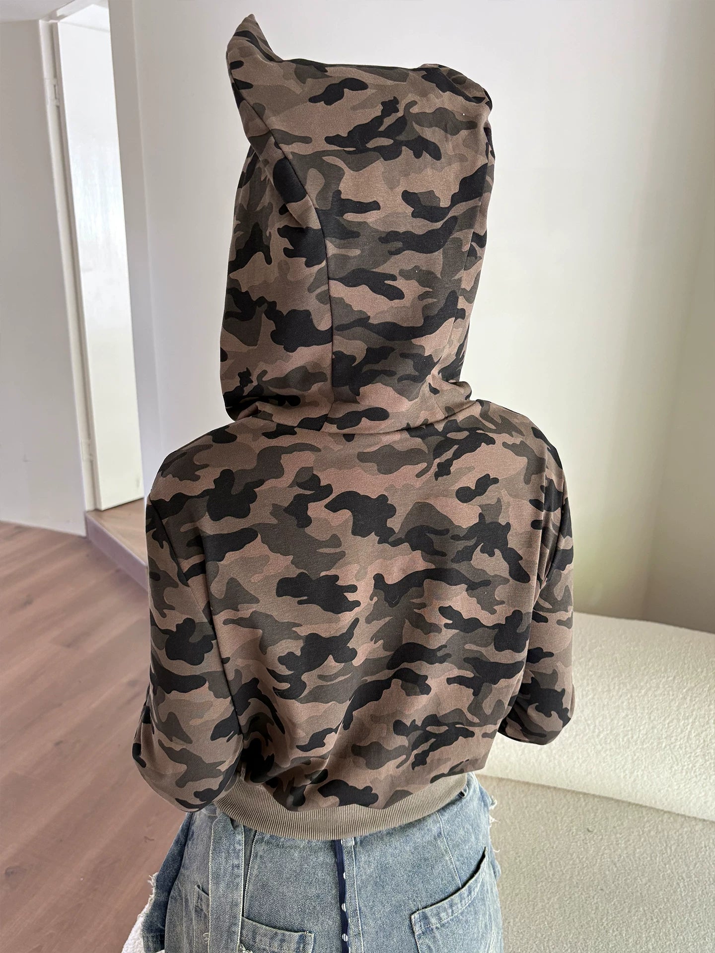 Devil Horn Hooded Print Zipper Hoodie