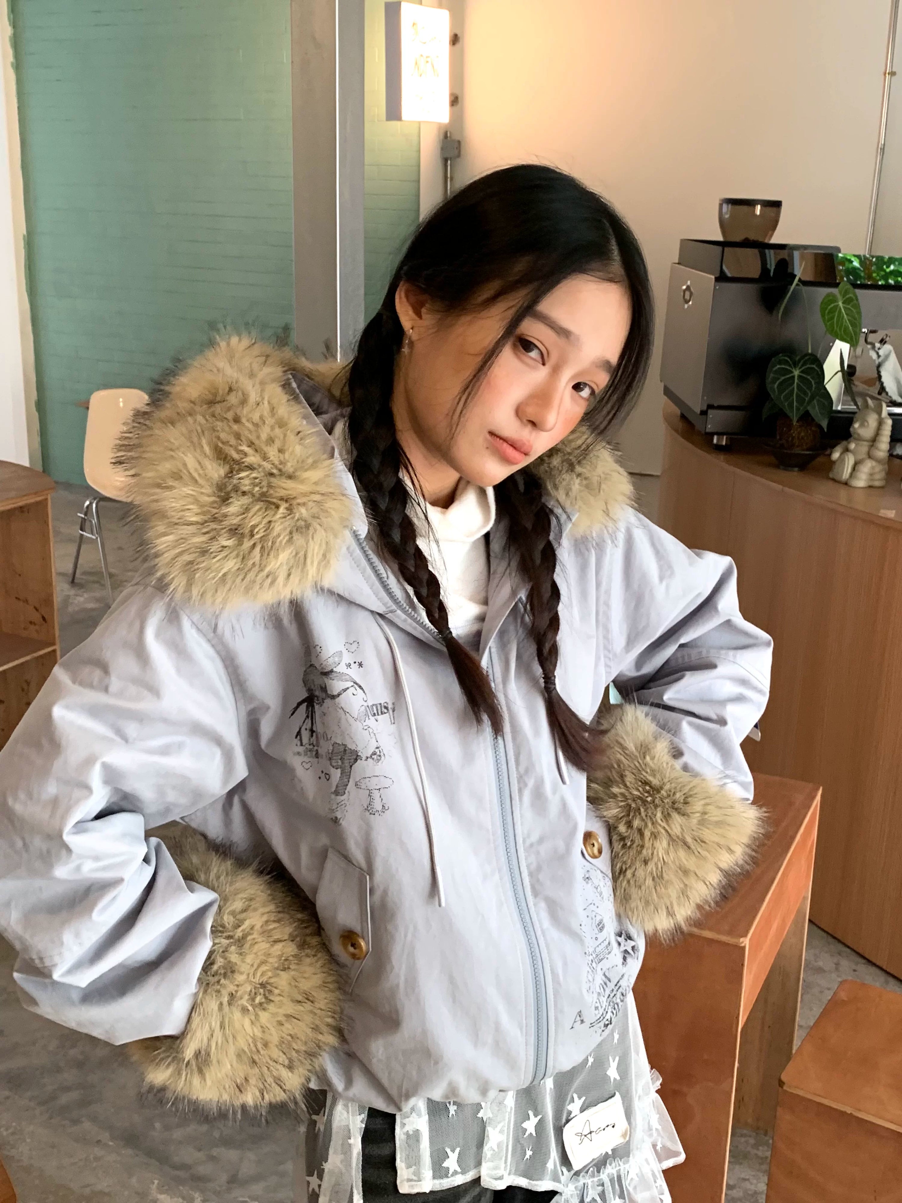 Fake Fur Trim Graphic Print Oversize Hooded Jacket