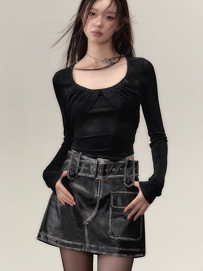 Big U-Neck Lace Long Sleeve T-Shirt